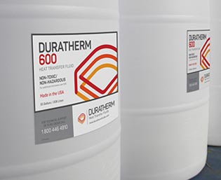 Drums of non-toxic Duratherm 600 thermal fluid.